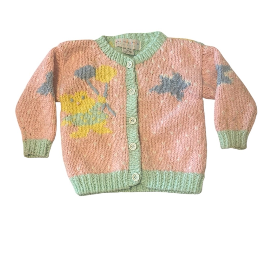 VTG Bloomingdale’s 2T Pastel Pink & Mint Kids Knit Cardigan Cottagecore